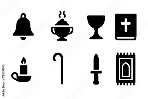 Blessing Tools Icons. Solid, filled icon set of blessing tools: bell, incense burner, chalice, holy book, candle holder, staff, ritual knife, prayer mat.