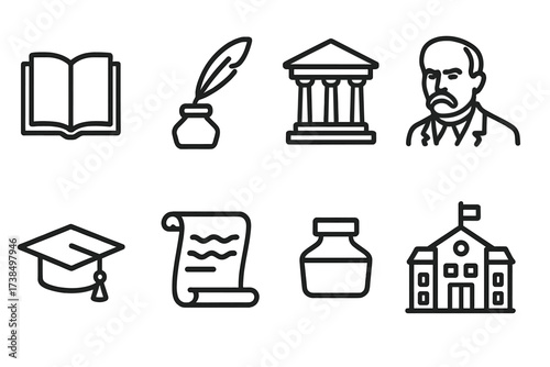 Belarusian and Lithuanian Icons. Outline icon set of Belarusian education and literature: book, quill pen, library, Belarusian poet, graduation cap, open