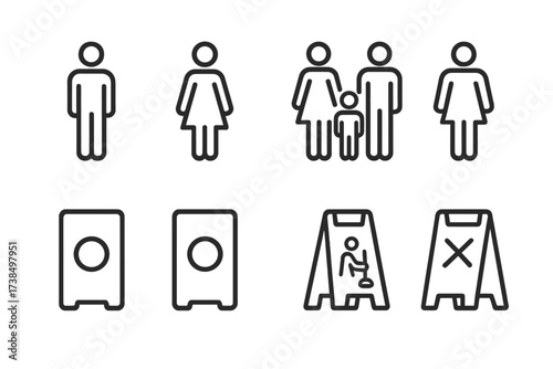 Restroom Icons Set. Outline icon set of restroom signs: men?s room, women?s room, family restroom, gender neutral, occupied, vacant, cleaning in progress, out