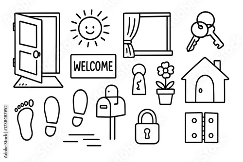 Welcome Home Doodle. Hand-drawn doodle illustration open door open door, sunlight, welcome mat, keys, doorknob, hinges, threshold, window, curtain, flower pot,