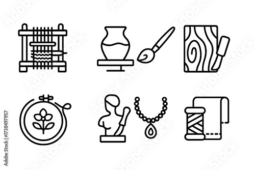 Arts & Crafts Icons. Outline icon set of arts and crafts: weaving, pottery, painting, carving, embroidery, sculpture, jewelry making, textile. Line icons in