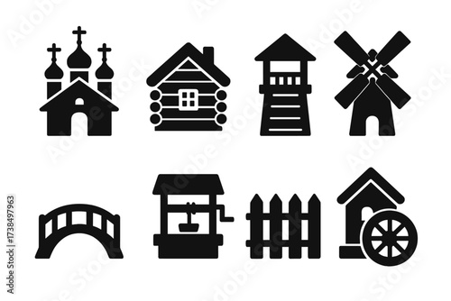 Slavic Folk Architecture Icons. Solid, filled icon set of Slavic folk architecture: wooden church, log house (izba), watchtower, windmill, wooden bridge, well,