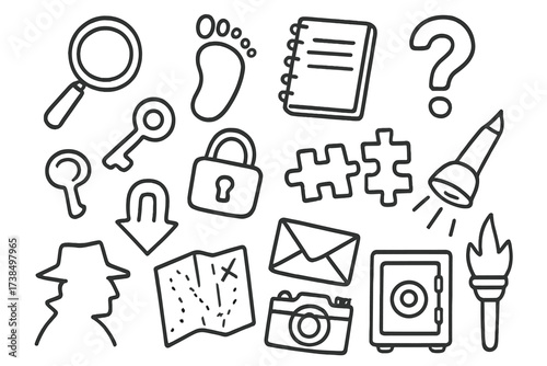 Mystery Objects Doodle. Hand-drawn doodle illustration find clues magnifying glass, footprint, notebook, question mark, key, lock, puzzle pieces, map, arrow,
