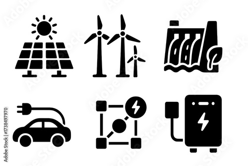 Renewable Energy Icons. Solid, filled icon set of renewable integration: solar farm, wind park, hydroelectric dam, biomass plant, electric vehicle, energy