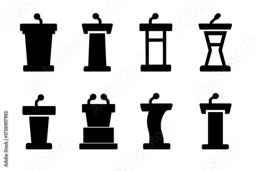 Podium Icons Collection. Solid, filled icon set of podium types: wooden podium, acrylic podium, metal podium, portable podium, table podium, multi-tier podium,