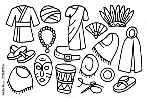 Traditional Clothing Icons. Hand-drawn doodle illustration Traditional clothing and accessories kimono, turban, sari, feathered headdress, sandals, beads