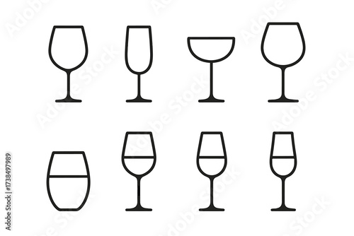 Wine Glass Icons. Outline icon set of wine glass styles: tulip glass, flute glass, coupe glass, balloon glass, stemless glass, red wine glass, white wine