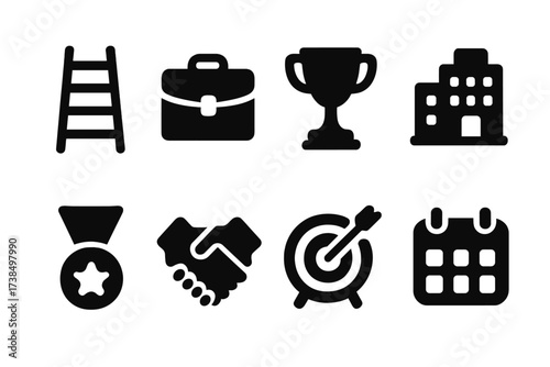 Career Growth Icons. Solid, filled icon set of career growth: ladder, briefcase, trophy, office building, medal, handshake, target, calendar. [Line icons in