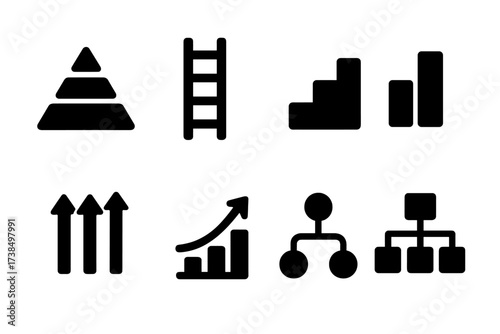 Hierarchical Icons Grid. Solid, filled icon set of hierarchical ranks: pyramid, ladder, staircase, podium, arrows up, chart growth, hierarchy tree,