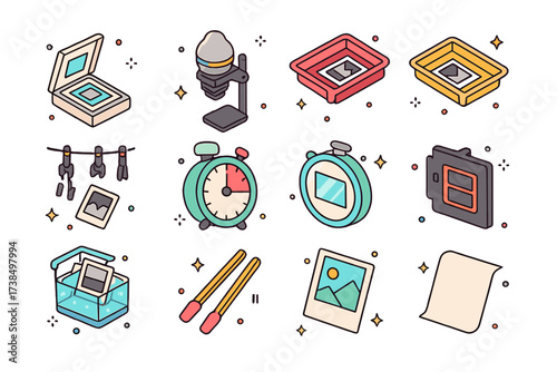 Colorful Photo Printing Icons. Photo printing. Colorful isometric vector icons set of photo printing: contact printer, enlarger head, developer tray, fixer