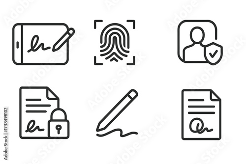 Digital Signature Icons. Outline icon set of digital signature: tablet with stylus, fingerprint scan, biometric authentication, encrypted document, digital
