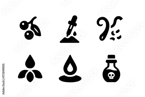 Nightshade Potion Icons. Solid, filled icon set of nightshade potion ingredients: dried berries, powdered leaves, nightshade extract, root shavings, petal oil,