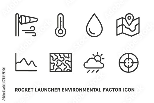Rocket Launcher Icon Set. Outline icon set of rocket launcher environmental factors: wind direction, temperature gauge, humidity, terrain map, elevation
