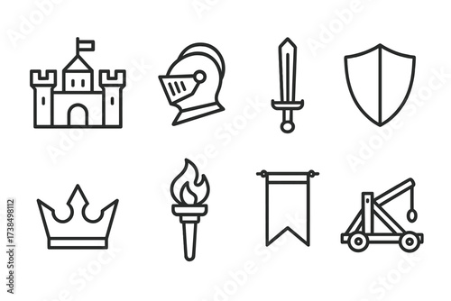 Medieval Icon Set. Outline icon set of medieval era: castle, knight helmet, sword, shield, crown, torch, banner, catapult. Line icons in only black color,