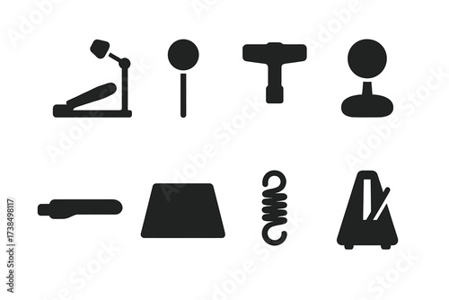 Bass Drum Icon Set. Solid, filled icon set of bass drum accessories: drum pedal, beater replacement, drum key, practice pad, muffler, drum rug, pedal spring,