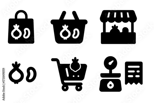 Grocery Icon Grid. Solid, filled icon set of onion and bean shopping: grocery bag, basket, market stall, price tag, fresh produce, shopping cart, scale,