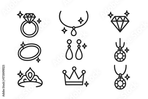 Glitter Jewelry Icon Set. Outline icon set of glitter jewelry: diamond ring, sparkling necklace, gemstone, bracelet, earrings, tiara, crown, pendant. Line