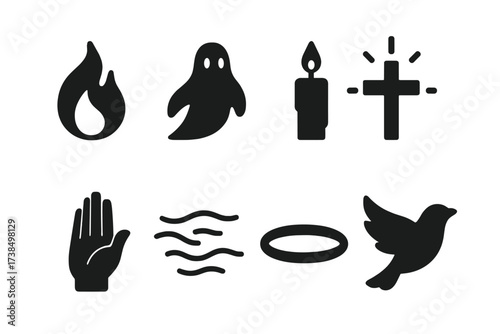 Spiritual Graveyard Icons. Solid, filled icon set of spiritual graveyard elements: wisp flame, ethereal figure, spirit candle, glowing cross, blessing hand,