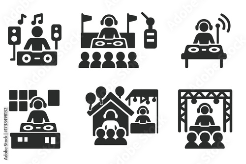 DJ Performance Icons. Solid, filled icon set of DJ performance settings: club, festival, radio station, studio, party, concert, rooftop, outdoor stage. Solid,