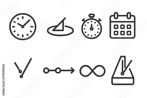 Timeless Icon Set. Outline icon set of forever time: clock face, sundial, stopwatch, calendar, clock hands, timeline, eternal loop, ticking metronome. Line