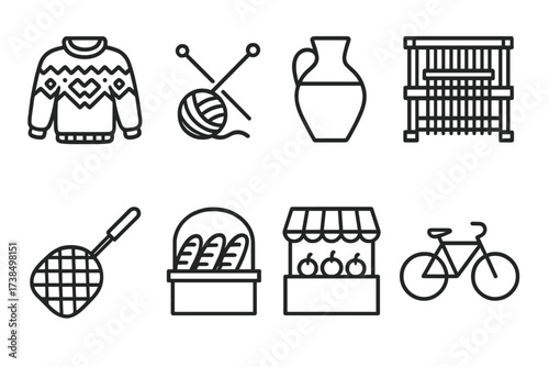 Norwegian Crafts Icons. Outline icon set of Norwegian crafts and daily life: wool sweater, knitting needles, pottery, weaving loom, fishing net, bakery, market