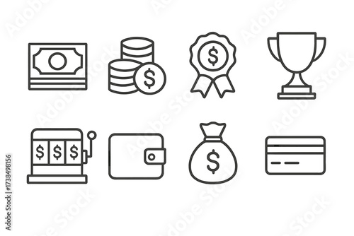 Cash Icon Set. Outline icon set of cash winnings: stack of money, coins, prize ribbon, trophy, jackpot slot, wallet, money sack, credit card. Line icons in