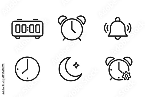 Alarm Clock Icons. Outline icon set of alarm clocks: digital alarm, analog alarm, snooze button, alarm bell, time display, night mode, alarm
