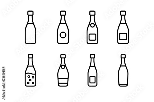 Champagne Icon Set. Outline icon set of champagne types: brut, rose, blanc de blancs, vintage, non-vintage, sparkling wine, prosecco, cava. Line icons in only