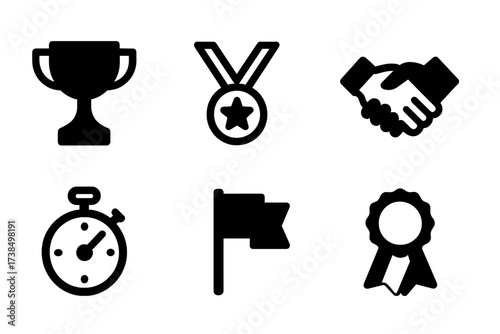 Competition Icons Grid. Solid, filled icon set of competition: trophy, medal, podium, handshake, stopwatch, referee whistle, flag, winner ribbon. [Line icons