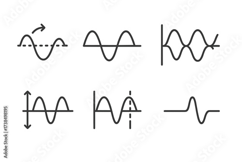 Wave and Moon Icons. Outline icon set of wave motions: oscillation, sine wave, wave interference, amplitude, frequency, wavelength, phase shift, wave pulse.
