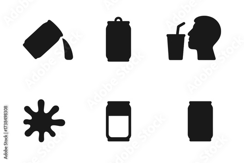 Can Icons Grid. Solid, filled icon set of can pouring and drinking: pouring liquid, open can, drink with straw, drinking from can, splash, drip, half full can,
