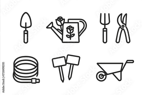 Rose Gardening Tools Icons. Outline icon set of rose gardening tools: trowel, watering can, garden fork, pruning shears, hose, plant labels, rake, wheelbarrow.