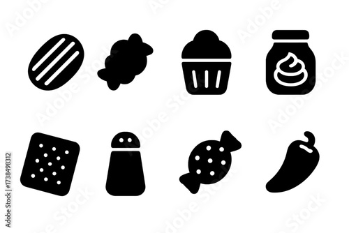 Snack Foods Icons. Solid, filled icon set of snack foods by texture: crunchy, chewy, soft, creamy, crispy, salty, sweet, spicy. [Line icons in only black