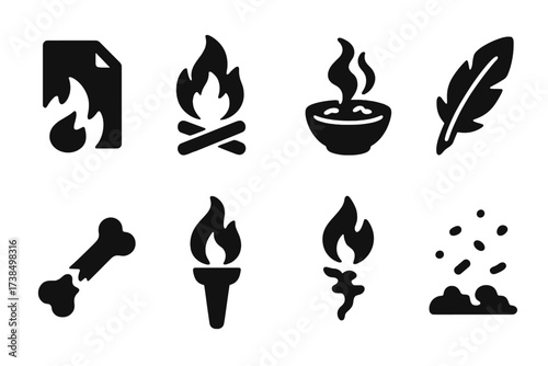 Burnt Offerings Icons. Solid, filled icon set of burnt offerings: flaming paper, sacrificial fire, ash bowl, charmed smoke, scorched feather, blackened bone,