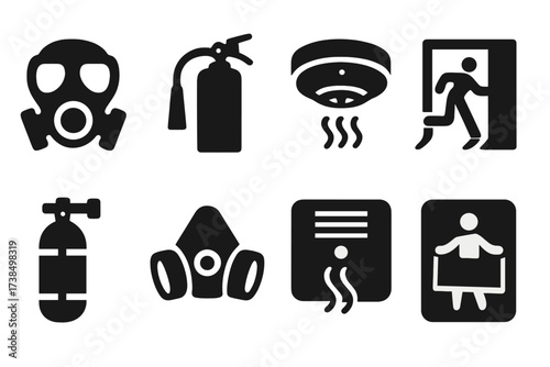 Fire Safety Gear Icons. Solid, filled icon set of fire and smoke safety gear: gas mask, fire extinguisher, smoke detector, emergency exit, oxygen tank,
