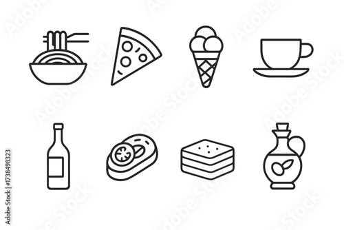 Italian Cuisine & Heritage Icons. Outline icon set of Italian cuisine: pasta bowl, pizza slice, gelato cone, espresso cup, wine bottle, bruschetta, tiramisu,