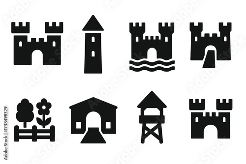 Baronial Residences Icons. Solid, filled icon set of baron residences: castle, tower, moat, drawbridge, garden, courtyard, watchtower, gatehouse. Solid, filled
