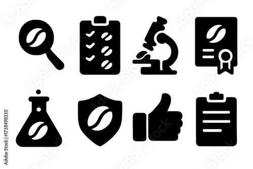 Quality Control Icons. Solid, filled icon set of bulk beans quality control: magnifying glass, checklist, microscope, certificate, lab flask, shield, thumbs