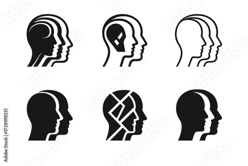 Mental Health Logos. PTSD flashback. Set Logo of mental health: fragmented human head with overlapping memories. harmonious logo variations of the same