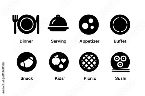Plate Icons Collection. Solid, filled icon set of plate uses: dinner plate, serving plate, appetizer plate, buffet plate, snack plate, kids? plate, picnic