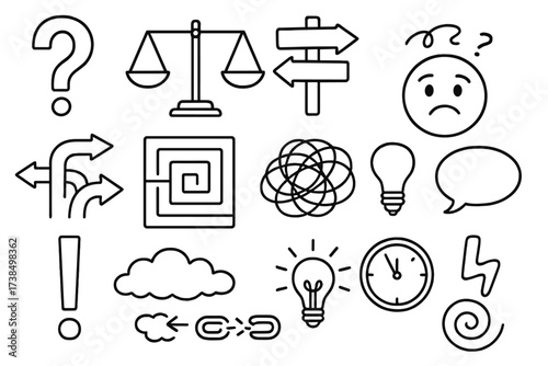 Doodle Indecision Icons. Hand-drawn doodle illustration indecision question mark, scales, crossroads sign, confused face, arrows, maze, tangled lines, speech