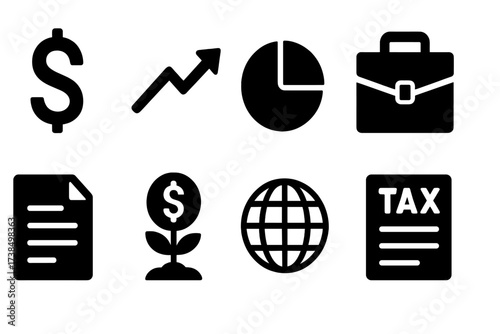Economic Icon Set. Solid, filled icon set of economic influence: currency symbol, stock arrow, pie chart, briefcase, contract, investment coin, global trade