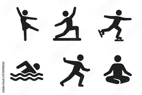 Motion Icon Grid. Solid, filled icon set of smooth movements: dance pose, glide, yoga stretch, ice skating, swimming stroke, tai chi, running, meditation