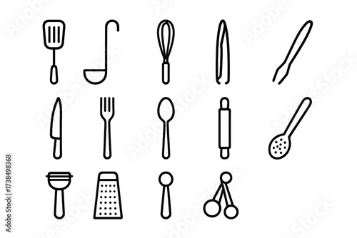 Cooking Tools Icons. Cooking tools. Line icon set of cooking tools: spatula, ladle, whisk, tongs, knife, fork, spoon, rolling pin, peeler, grater, measuring