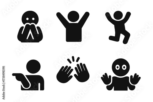 Surprise Gesture Icons. Solid, filled icon set of surprise gestures: hands covering mouth, hands raised, jumping, pointing, clapping, wide eyes, head tilt,