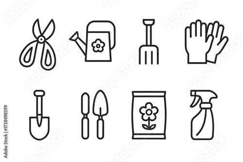 Gardening Tool Icons. Outline icon set of flower-related tools: scissors, watering can, garden fork, gloves, spade, trowel, fertilizer bag, spray bottle. Line