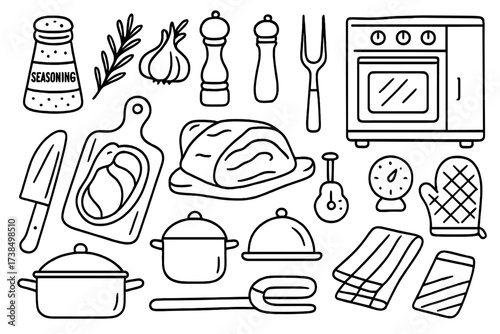 Roast Beef Essentials. Hand-drawn doodle illustration Roast beef seasoning and preparation seasoning shaker, rosemary sprig, garlic bulb, pepper grinder,