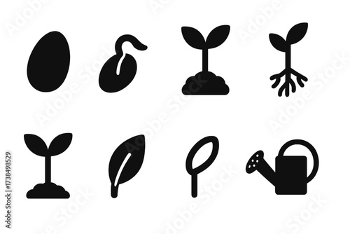 Sprouting Seeds Icons. Solid, filled icon set of sprouting seeds: seed, sprout, seedling, root, cotyledon, shoot, leaf, watering can. [Line icons in only black