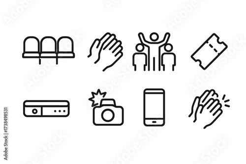 Stage Audience Icons. Outline icon set of stage audience: seats, clapping hands, standing ovation, ticket, wristband, camera flash, smartphone recording,