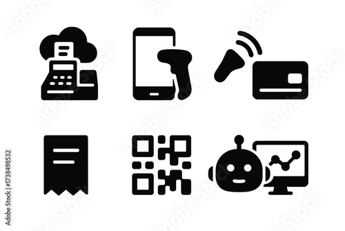 Modern Cash Register Icons. Solid, filled icon set of cash register technology trends: cloud POS, mobile payment app, wireless scanner, NFC payment, digital